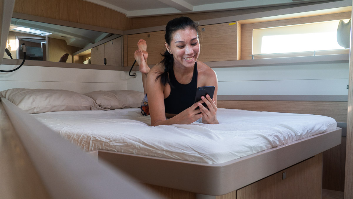Girl chilling in the room on the yacht - Southern Islands Staycation