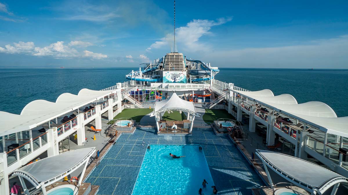 View of Main Pool Deck from Palm Court - Genting World Dream Cruise to Nowhere