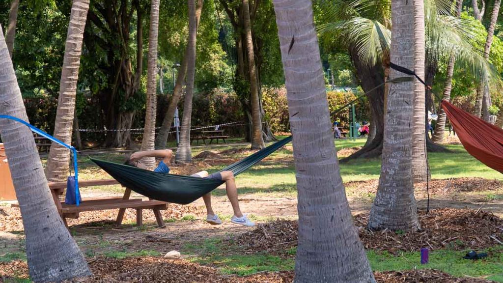 Guy lying in a hammock on St. John's Island