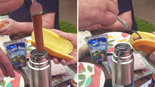 Astuce de pro pour le pique-nique — Cuisiner un hot-dog avec une bouteille isotherme