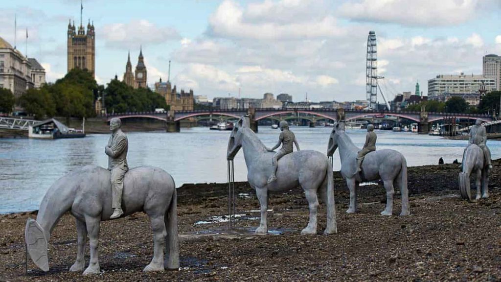 Horsemen Sculptures in River Thames at Low Tide