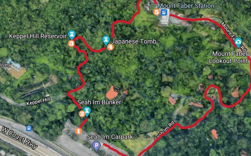 Recommended route to Seah Im Bunker and Keppel Hill Reservoir