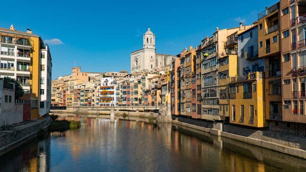 Girona Cathedral in Girona View from Eiffel Bridge - Barcelona Itinerary Road Trip Bucket List