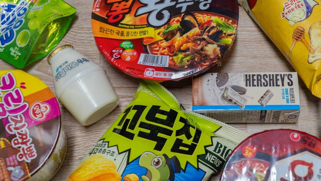 Conveniece Store Snacks Laid Out  -Seoul Food Guide