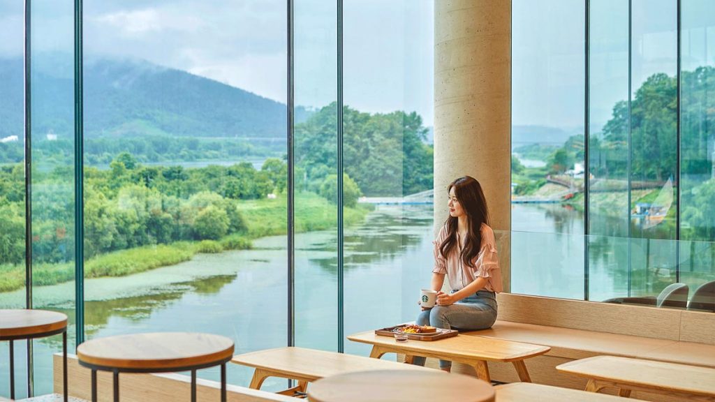 Girl Drinking Coffee at Starbucks Yangpyeong South Korea VTL Itinerary