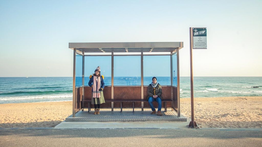 BTS Bus stop at Juminjin Beach - South Korea Winter