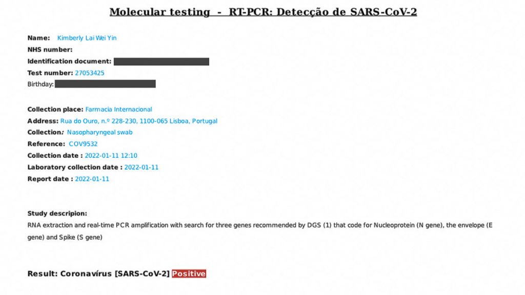 Test clinique PCR officiel Covid-19 - Test positif pour Covid Overseas