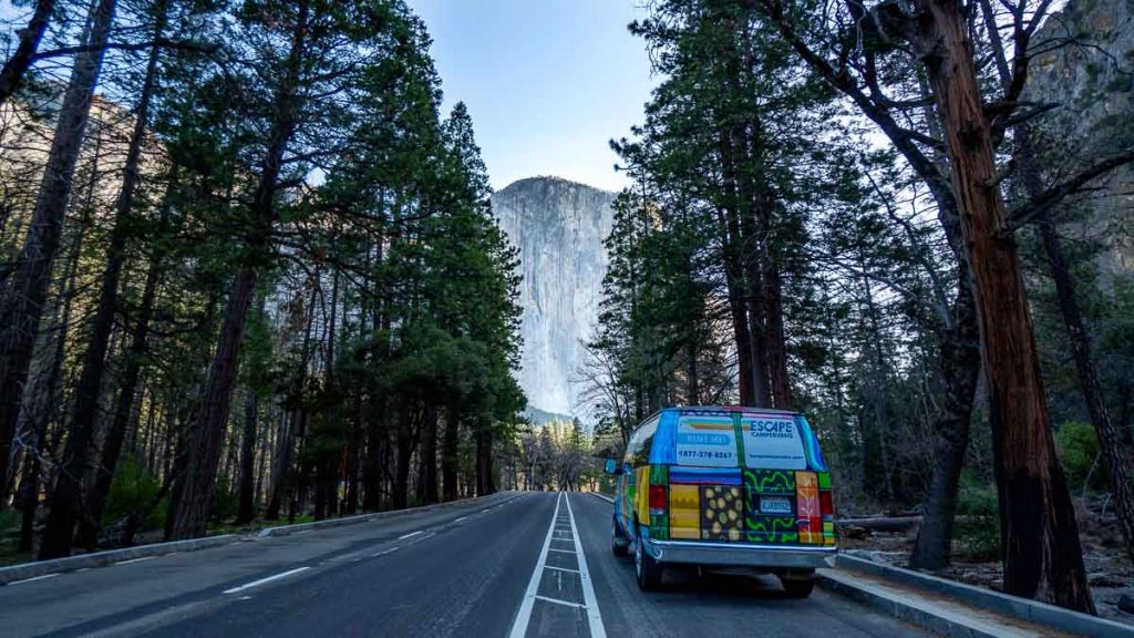 Campervan driving along Yosemite roads - San Francisco Itinerary