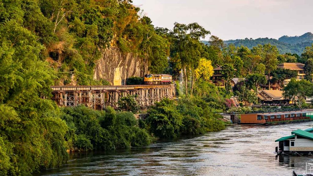 Kanchanaburi Train at Tham Krasae Railway Bridge Death Railway Thailand - Bangkok Road Trip