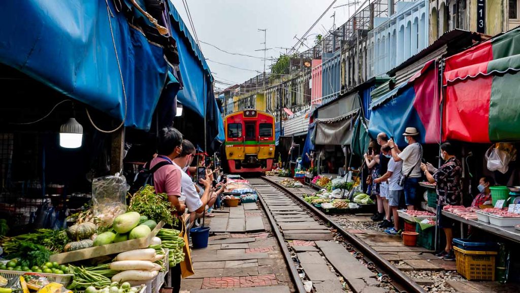 Maeklong Railway Market Train Entering - Bangkok Road Trip