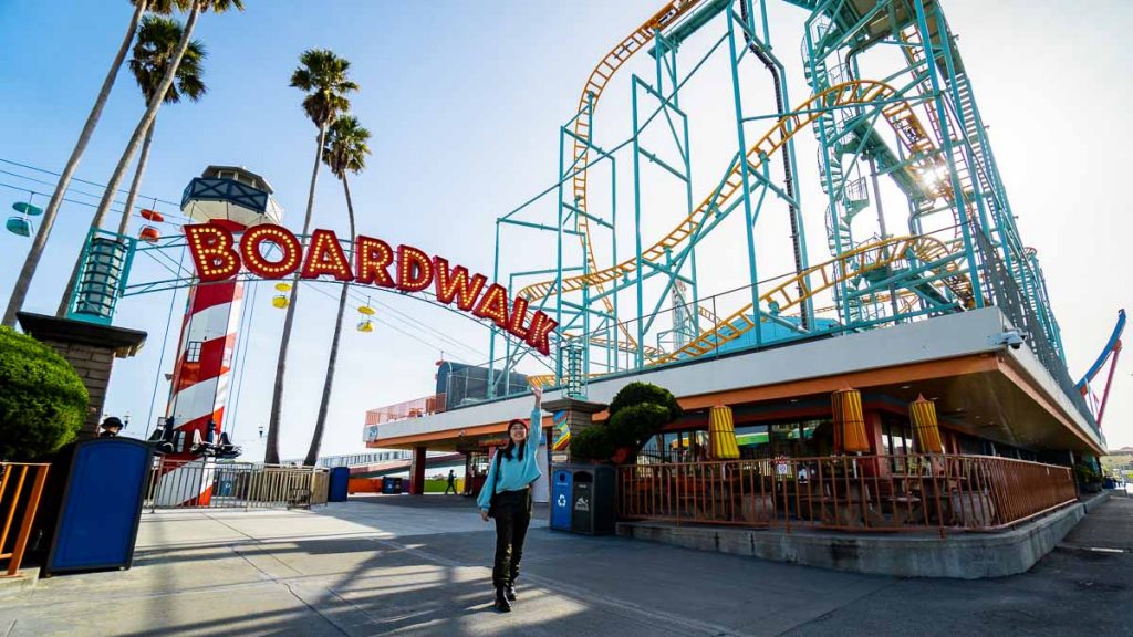 Girl Posing in front of Santa Cruz Boardwalk Entrance - San Francisco Itinerary