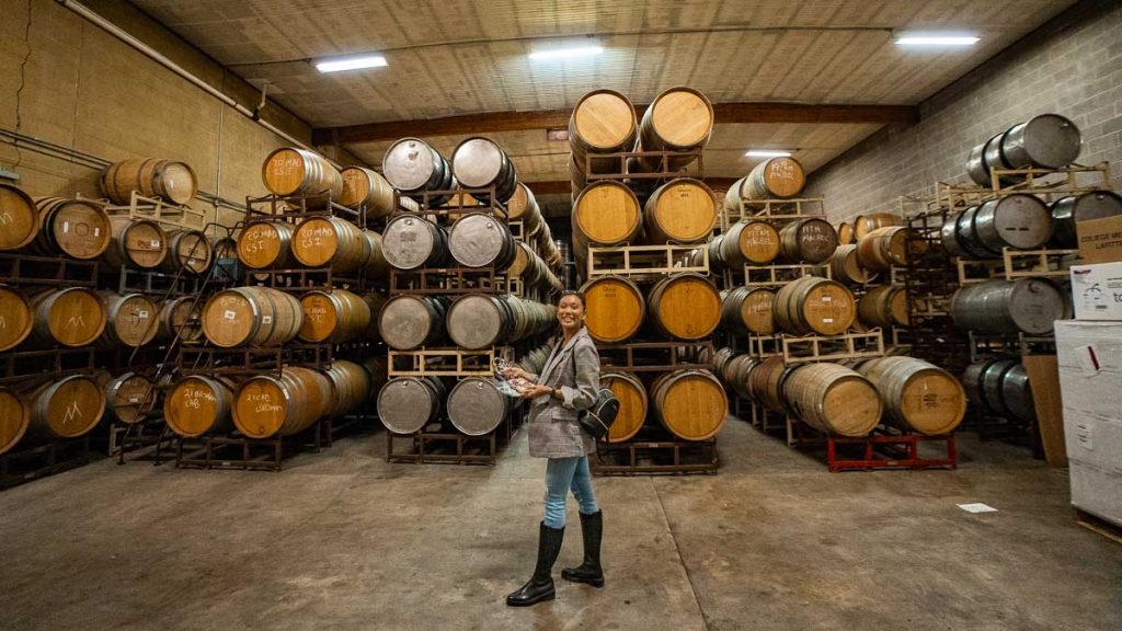 Lady Standing Beside Wine Barrels at Napa Valley - San Francisco Itinerary
