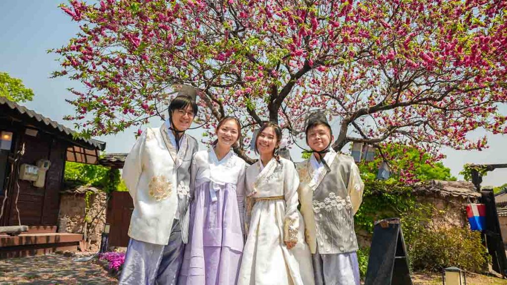 Friends Wearing Hanbok at Gyochon Village - Busan Hidden Gems