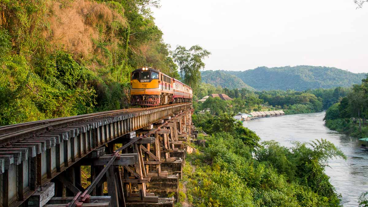 Train on the Tham Krasae Railway Bridge in Kanchanaburi