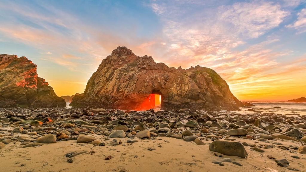 Keyhold Arch Pfieffer Beach st Sunset - California Road Trips