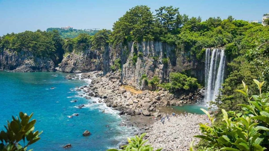 Wide Angle View of Jeongbang Waterfall - Things to Do in Jeju