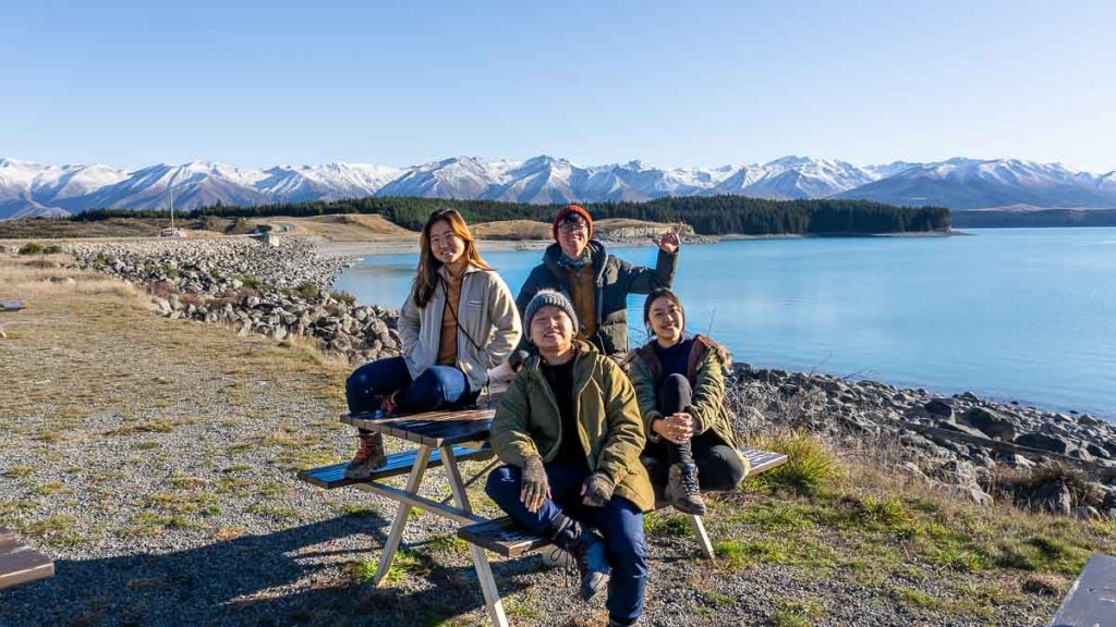 Friends posing at Lake Pukaki - New Zealand Wanaka