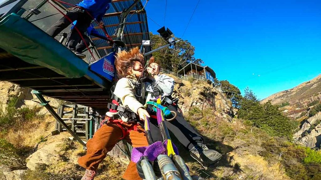 Friends Screaming on Tandem Canyon Swing - New Zealand Queenstown