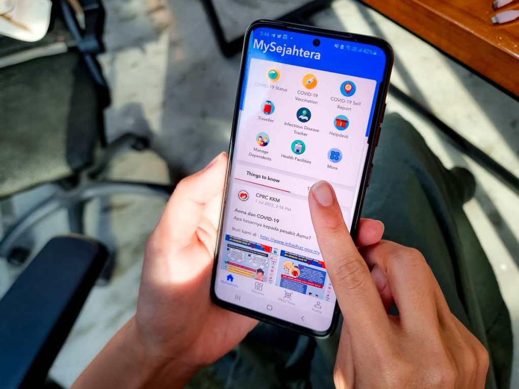 User showing the Mysejahtera app - Visiting Johor from Singapore