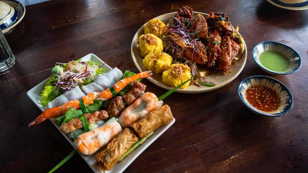 Mixed rolls and grilled chicken and Secret Garden Restaurant Vietnam