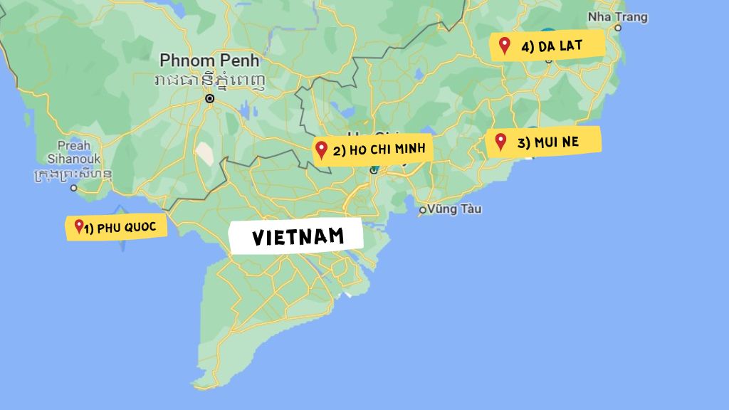 Map of Southern Vietnam - Southern Vietnam Itinerary