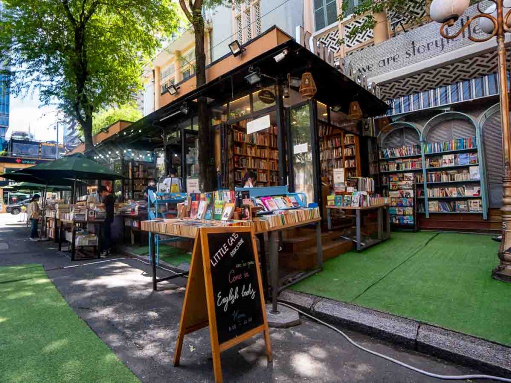 A chalk board sign that says 'Come in English Books' in front of a bookstore in Book Street - Things to do in Ho Chi Minh City