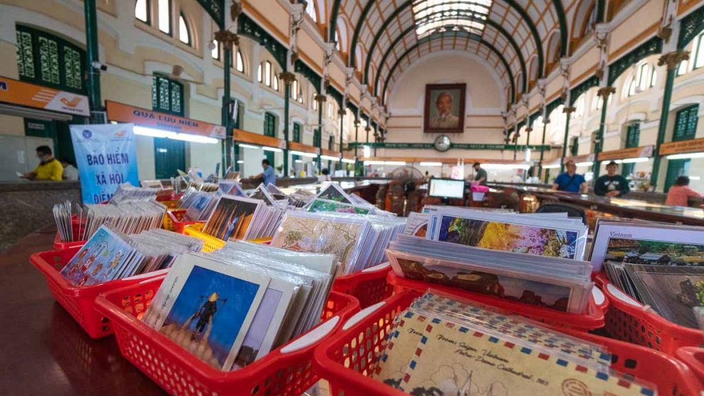 Rows of postcards at Sai Gon Central Post Office - Things to do in Ho Chi Minh City