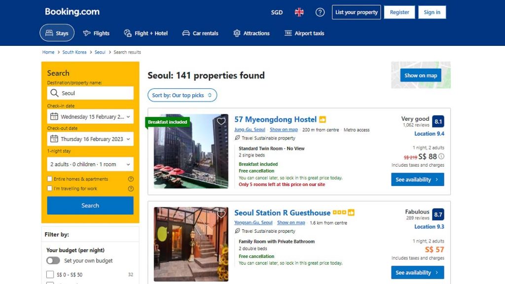 Booking.com Property Search - Pre-trip Budget Travel Hacks