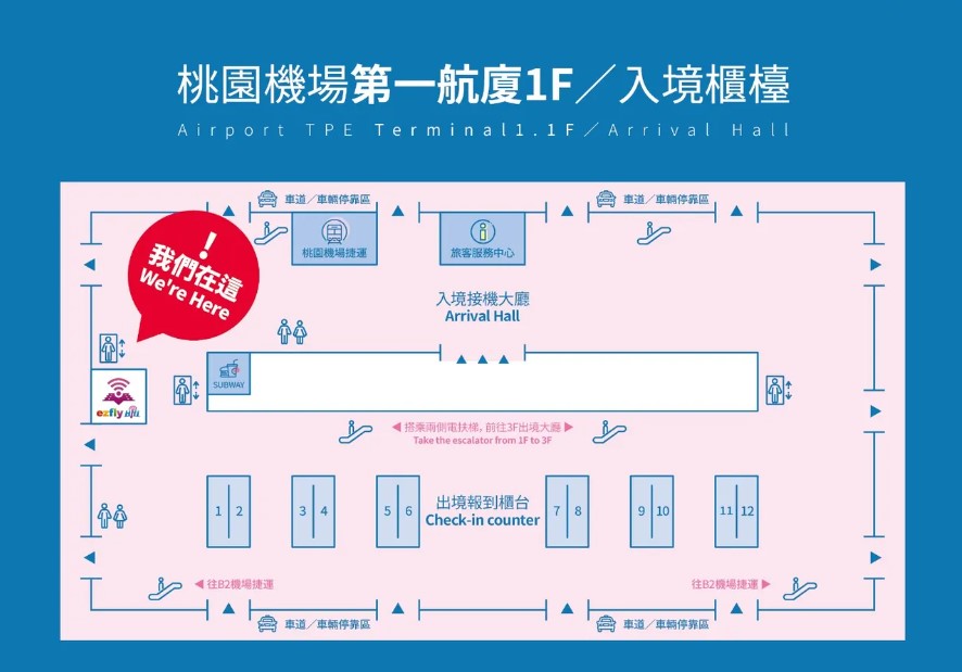 A map of where to collect EasyCards and SIM Cards in Taoyuan Airport Arrival Hall after immigration - Taipei itinerary