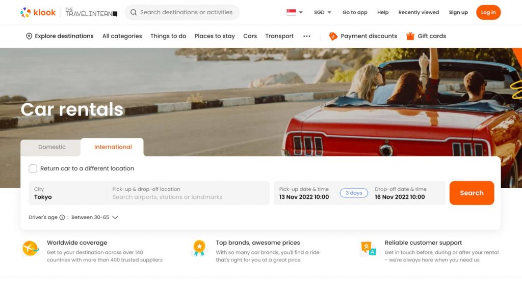 Car rental landing page on Klook - Tokyo car rental