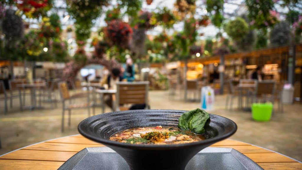A bowl of tomato soup ramen in a glasshouse - Japan itinerary