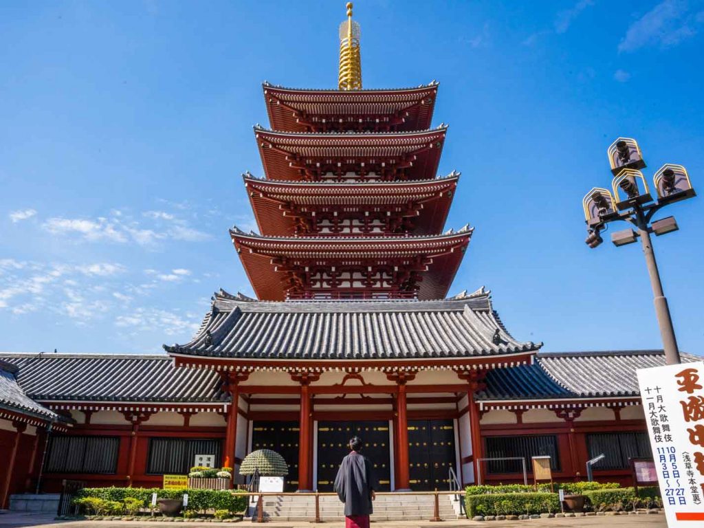 Man in Kimono standing in front of a pagoda at senso-ji temple