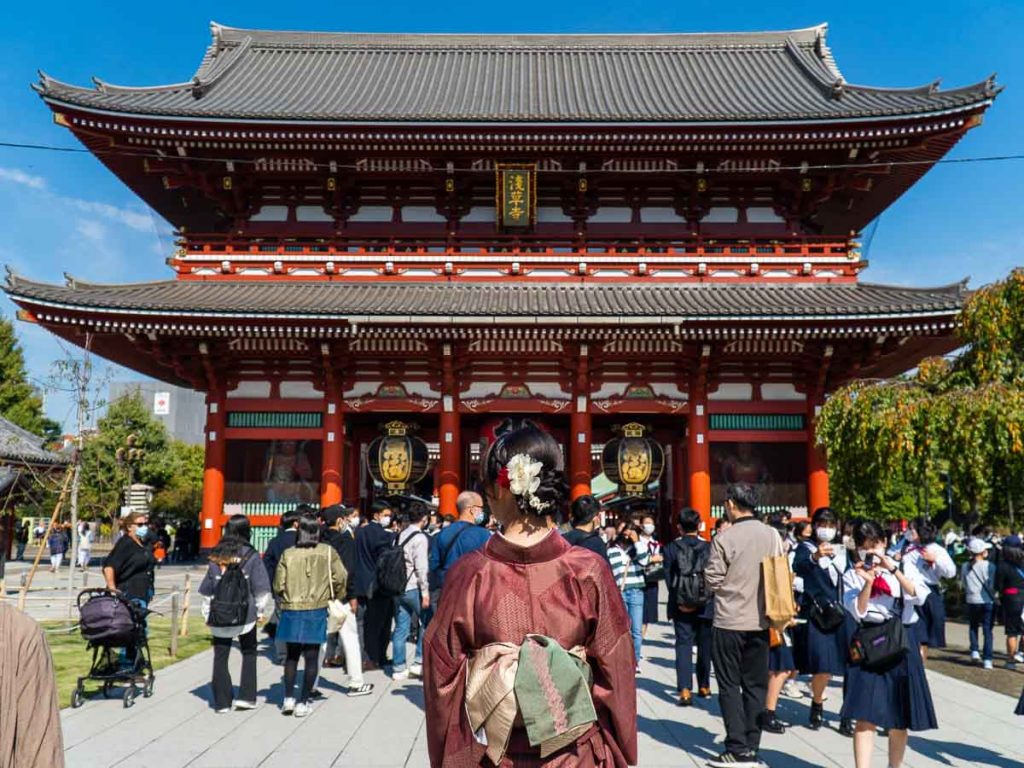 Girl wearing a kimono at Sensoji Temple in Tokyo, Japan