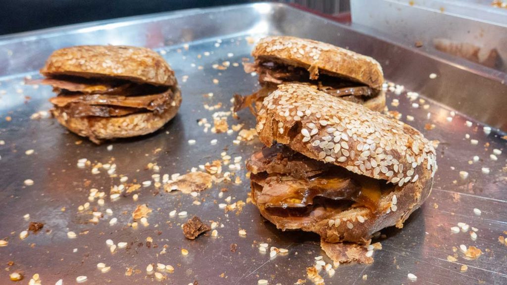 3 sesame shao bing on a silver tray - Halal food in taipei