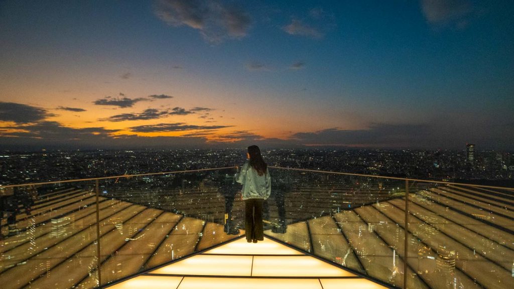 Shibuya Sky Sky Edge Lookout point at sunset in Tokyo, Japan