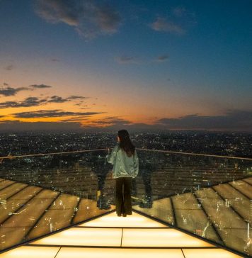 Shibuya Sky Sky Edge Lookout point at sunset in Tokyo, Japan