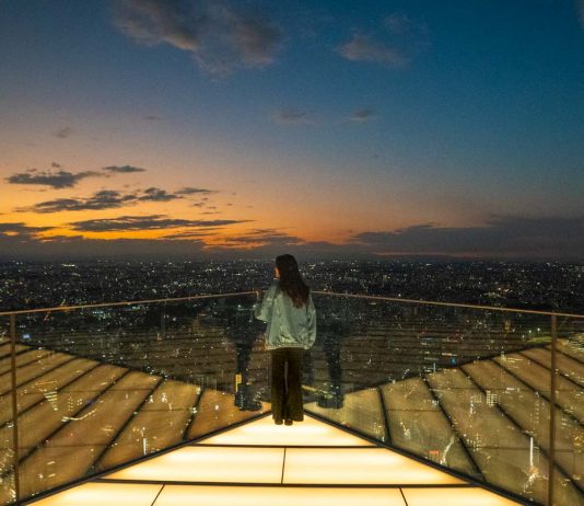 Shibuya Sky Sky Edge Lookout point at sunset in Tokyo, Japan