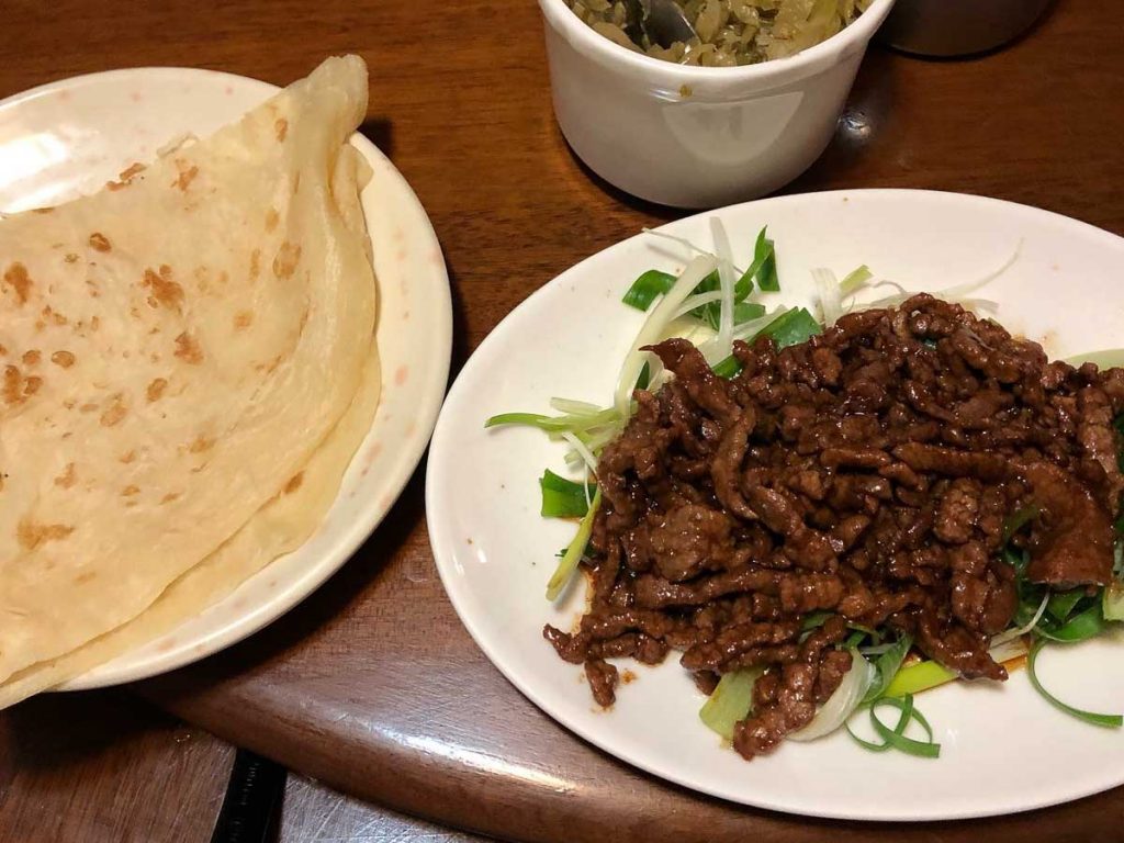 Chinese northeast handmade pancake with beef stir fry in Halal Chinese Beef Noodle Restaurant - food in Taipei