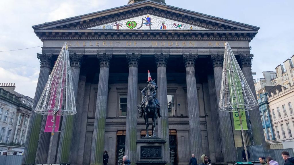 GoMA Entrance Statue with Traffic Cone- Things to do in Glasgow