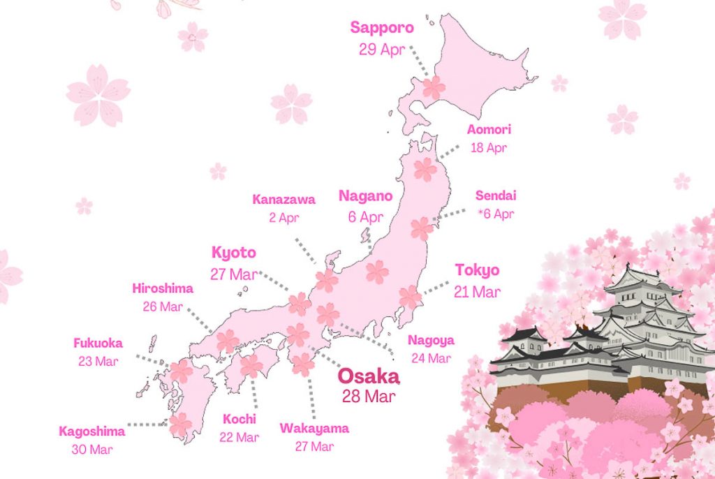 Japan Sakura Forecast Map 2023 Osaka focus - Japan Cherry Blossom Guide