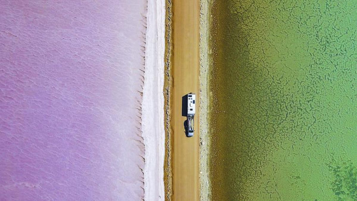 Car in Pink and Green Lake - Pink Lakes in Australia