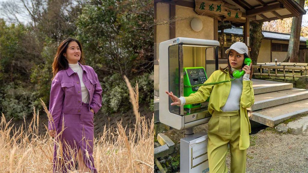 Girls in purple and green co-ord set - Spring Travel Outfits