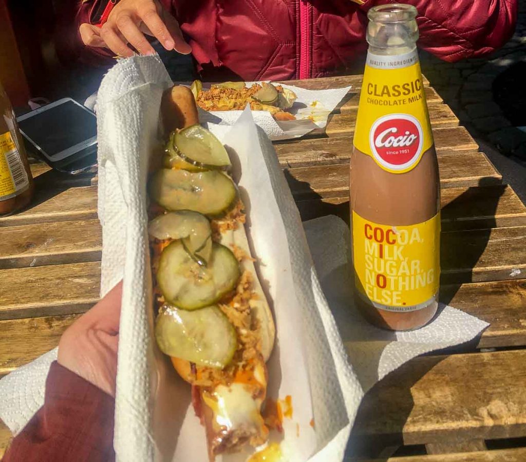 a danish hot dog paired with a cocio chocolate milk - Denmark Nørrebro