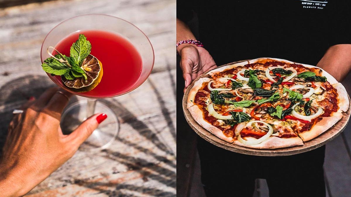 Vegetarian pizza and cocktails at Single Fin, Uluwatu, Bali —vegetarian food in Bali