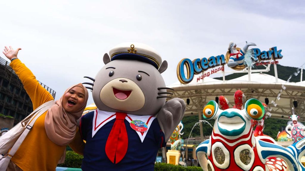 a girl posing with whiskers in front of ocean park - Muslim-friendly attractions in Hong Kong