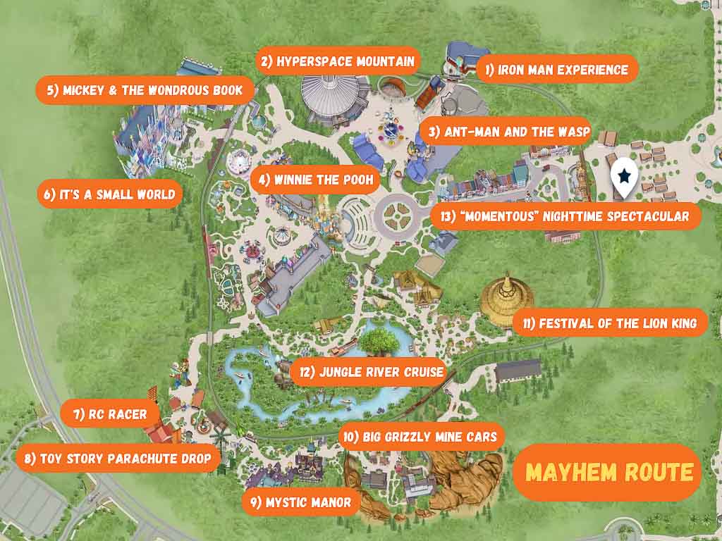 suggested Mayhem Route to navigate Hong Kong Disneyland
