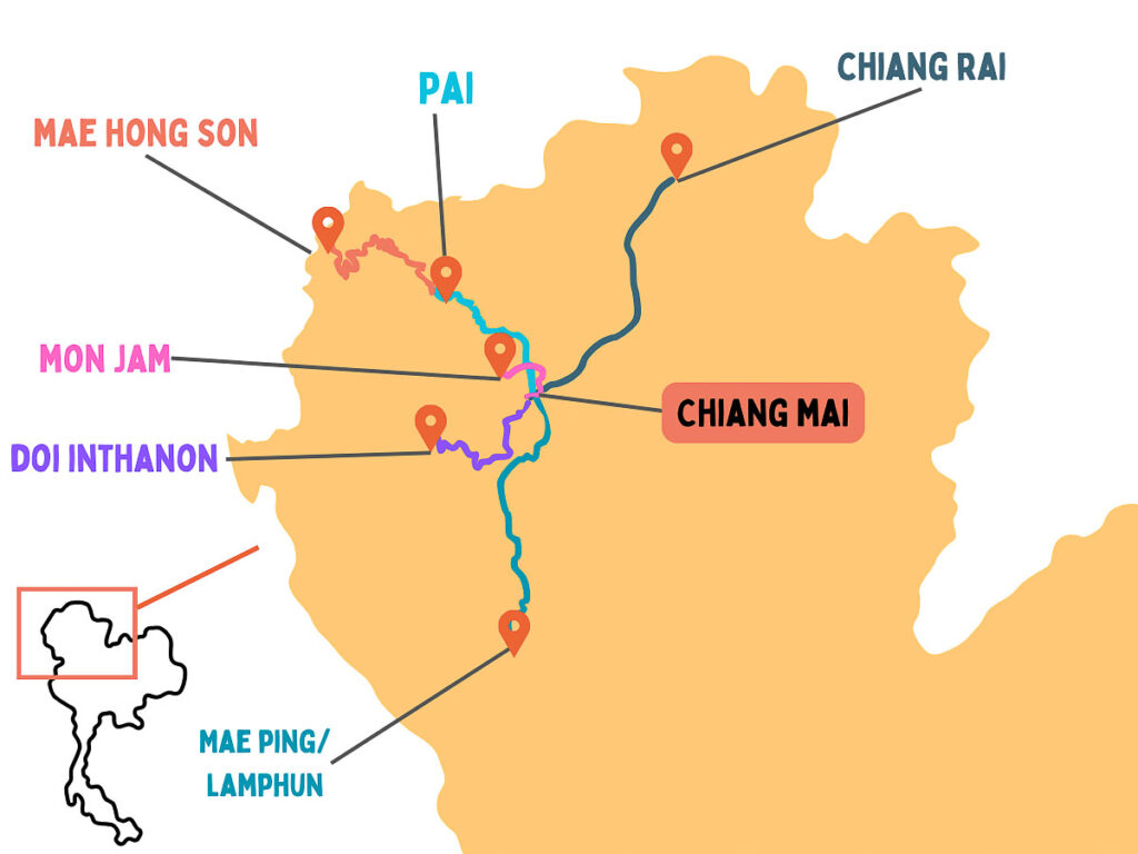 Map of Northern Thailand Road Trip Itinerary starting from Thailand