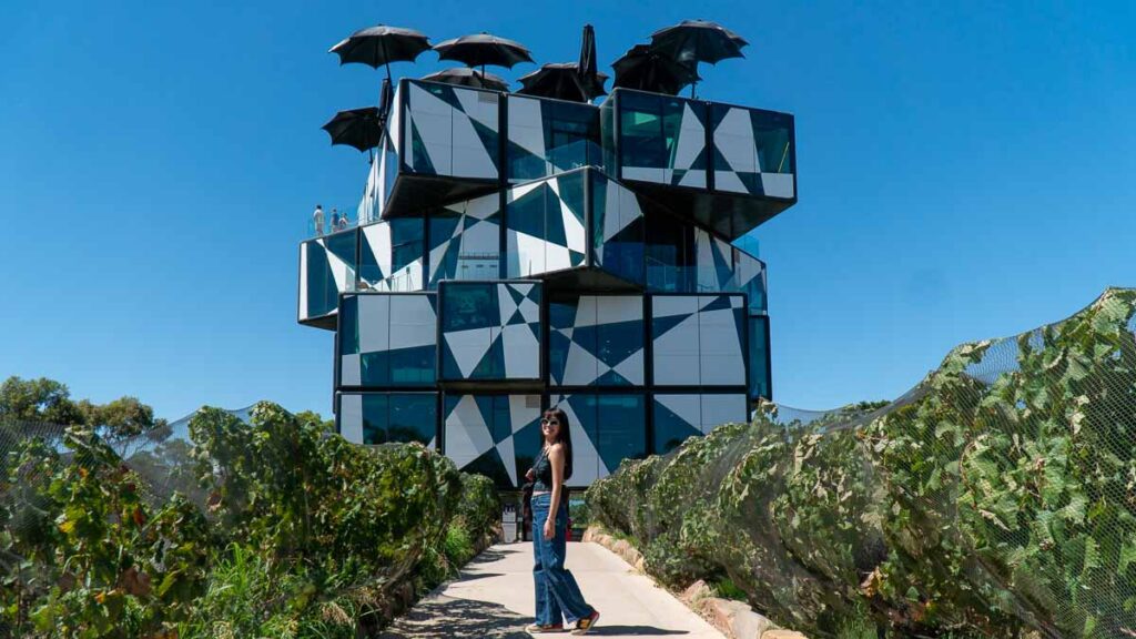 Girl posing in front of D'arenburg Cube in McLaren Vale - Adelaide Itinerary