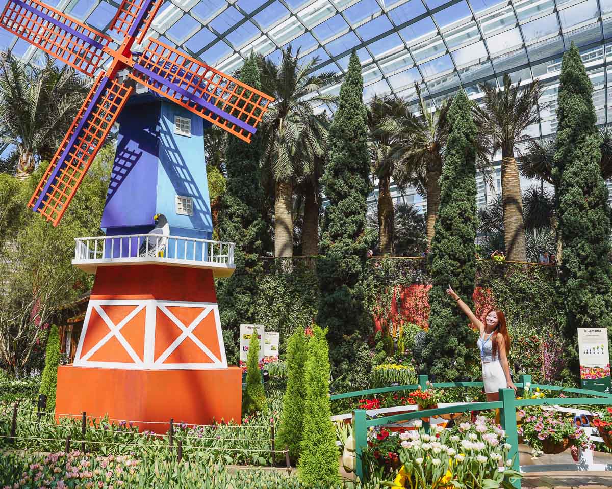 Female and windmill feature at Tulipmania - Flower Dome Gardens by the Bay Singapore 2024