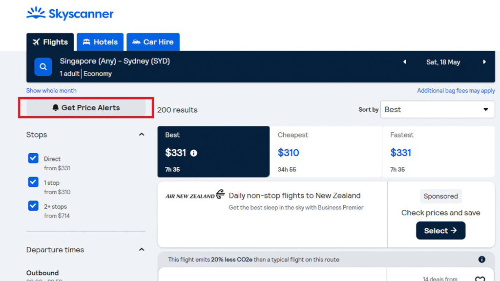 Skyscanner Get Price Alerts Button - How to Score Cheap Flights
